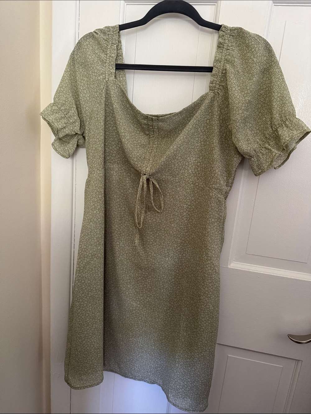 Paper Crane Olive Green Puff-Sleeve Tie-Front Midi Dress